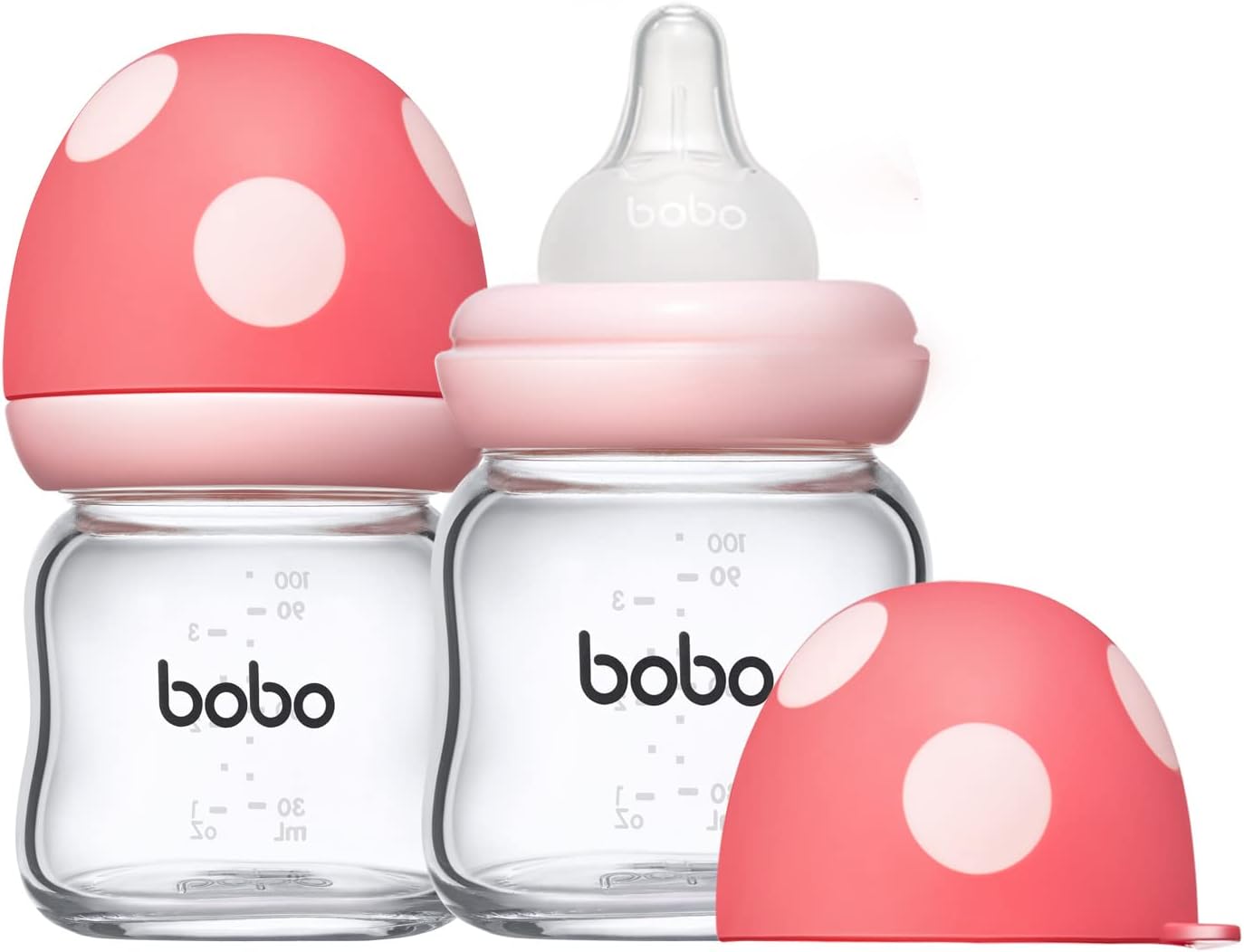 YOHKOHNatural Glass Baby Bottle with Natural Response , Newborn Anti-Colic Baby Bottle Gift Set, Wide Neck Mushroom Cap Baby Bottles, Clear (3.4oz (Pack of 2), Red)