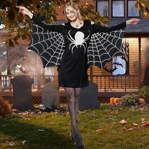 Spinnen Kostüm Damen, Halloween Kostüm Damen Spinnen Set, 1 Halloween Spinne Kostüm + 1 Spinnenstrümpfe + 10 Spinnenaufkleber, Spinnenkleid, für Erwachsene Halloween Fasching Karneval Cosplay (M)