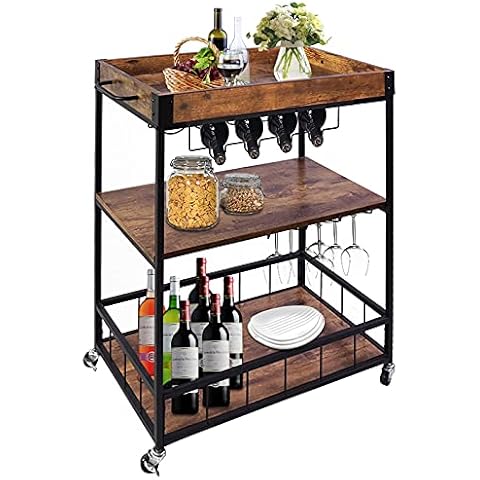 Bar Carts for Home,Bar Serving Cart 3-Tier Rustic Wood with Wine Rack and Glass Holder,Beverage Cart with Wheels and Metal Serving Trolley 34in Cover