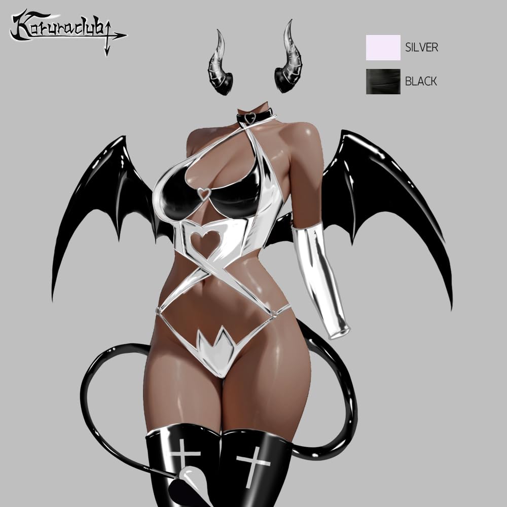 KORURACLUB Succubus costume premium pu cosplay lingerie for women wing devil lingerie: Silver Medium