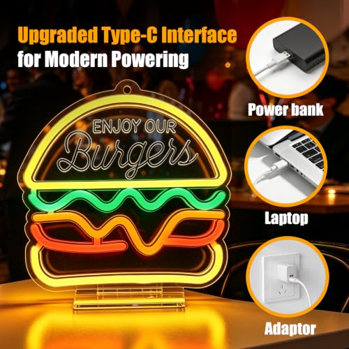 Image of Burger Neon Sign, Type-C & USB Powered Neon Lights with Base Stand | Cute LED Food Neon Signs for Kids Bedroom, Game Room, Kitchen, Desk & Wall Art, Aesthetic Room Decor Gift, Hooks Included