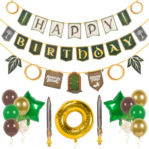 Pirese Epic Fantasy Birthday Decorations Fantasy Birthday Banner Party Kit with Balloons Pre-Strung Happy Birthday Banner Gold Ring Balloon Sword and Star Balloons Medieval Party Supplies