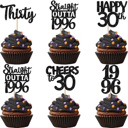 30PCS Black 30th Birthday Cupcake Toppers Glitter Thirty Happy 30th