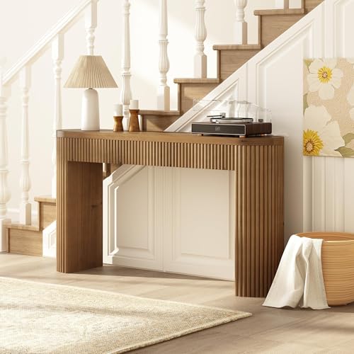 Image of Solid Wood Console Table with Drawer - 55 Inches Mid Century Foyer Table, Modern Fluted Entryway Hallway Minimalist Sofa Table, Oval with Drawer