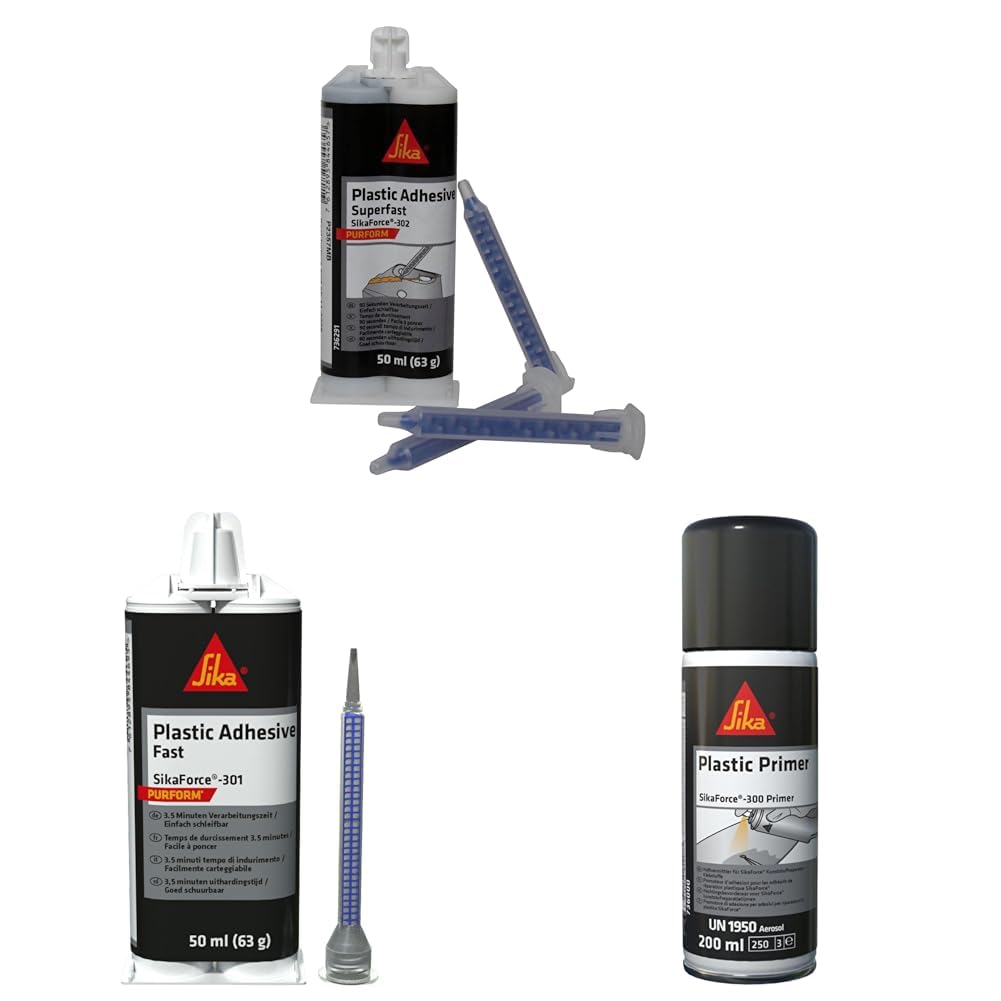Bundle SIKA - 2k Kunststoff-Kleber und Haftvermittler für das Auto - SikaForce-301 Fast schwarz 50ml - SikaForce-301 Super Fast schwarz 50ml - SikaForce-300 Primer transparent 200 ml Spraydose