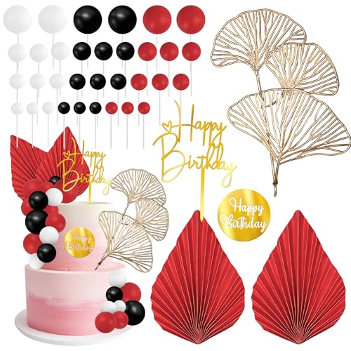 25 Pack Black Gold White Balls Cake Toppers Happy Birthday Foam Balls Birthday Cake Topper Paper Palm Fan Cake Picks Ginkgo Leaf Cake Decorations for Baby Shower Birthday Wedding Party Supplies