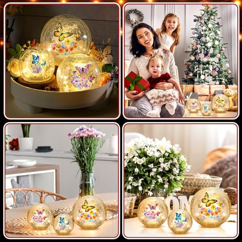 Image of 3pcs Spring Crackle Glass Ball Lights - Butterfly Ball Lamp Ornaments Indoor Globes Decorations LED Night Tabletop Decorative Sphere Lamp for Home Decor