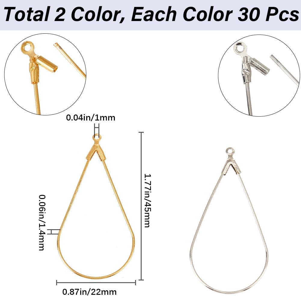 1 Box 60Pcs Beading Hoop Earring Supplies Teardrop Beading Hoop Earrings Brass Wire Gold Silver Open Water Drop Charms Gold Findings for Jewelry Making Accessories DIY Crafts Decorative - Image 2