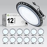 ASD 100W LED Low Bay Lighting, Ceiling Pendant Work Light — 5FT Plug-in Cord, IP65 Waterproof, Low Profile — 18000LM 5000K 120-277V ETL Listed — for Warehouse, Garage, Workshop — Black, 12 Pack