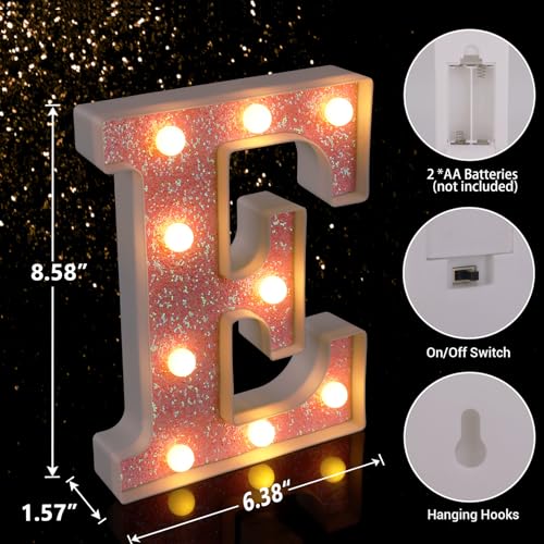 Image of LED Letter Lights Pink Glitter Marquee Letters Light Up Alphabet Letters Sign Battery Powered for Home Party Decoration Night Bar Wedding Birthday Christmas Lamp Girls Gift - Letter E