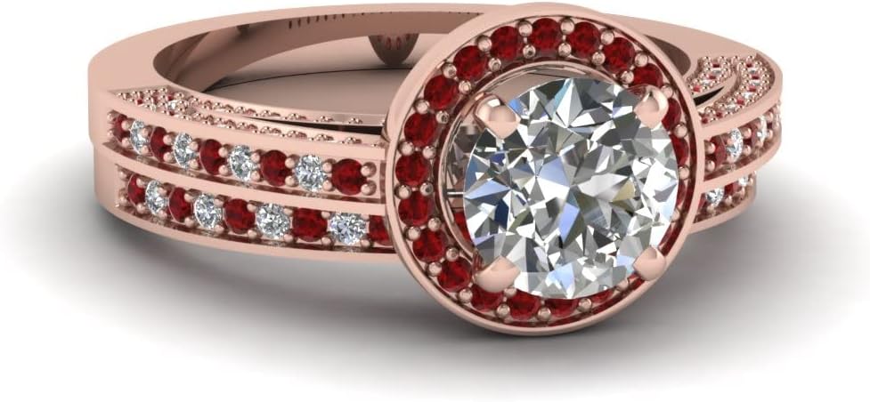 Choose Your Gemstone Pave Round Halo Wedding Set Rose Gold Plated Round Shape Wedding Ring Sets Affordable for Your Girlfriend, Wife, Partner Wedding US Size 4 to 12