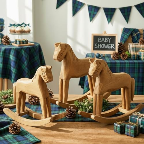 Vicenpal 3 Pack Baby Shower Wooden Vintage Rocking Horse Table Decoration for Blue Green Tartan Plaids Theme Party Centerpiece Rocking Horse Decor for Baby Shower Party Wedding Birthday Decorations