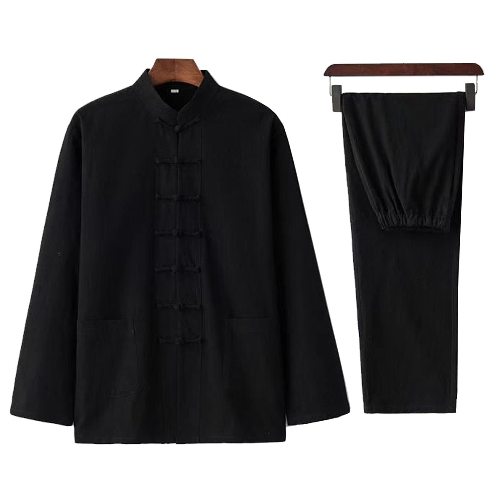 Tai Chi-Kleidung für Herren, traditionelle chinesische Kampfkunstuniform aus Baumwolle und Leinen, Kung-Fu-Set, Langarmhemd, Hosenanzug,Black-L