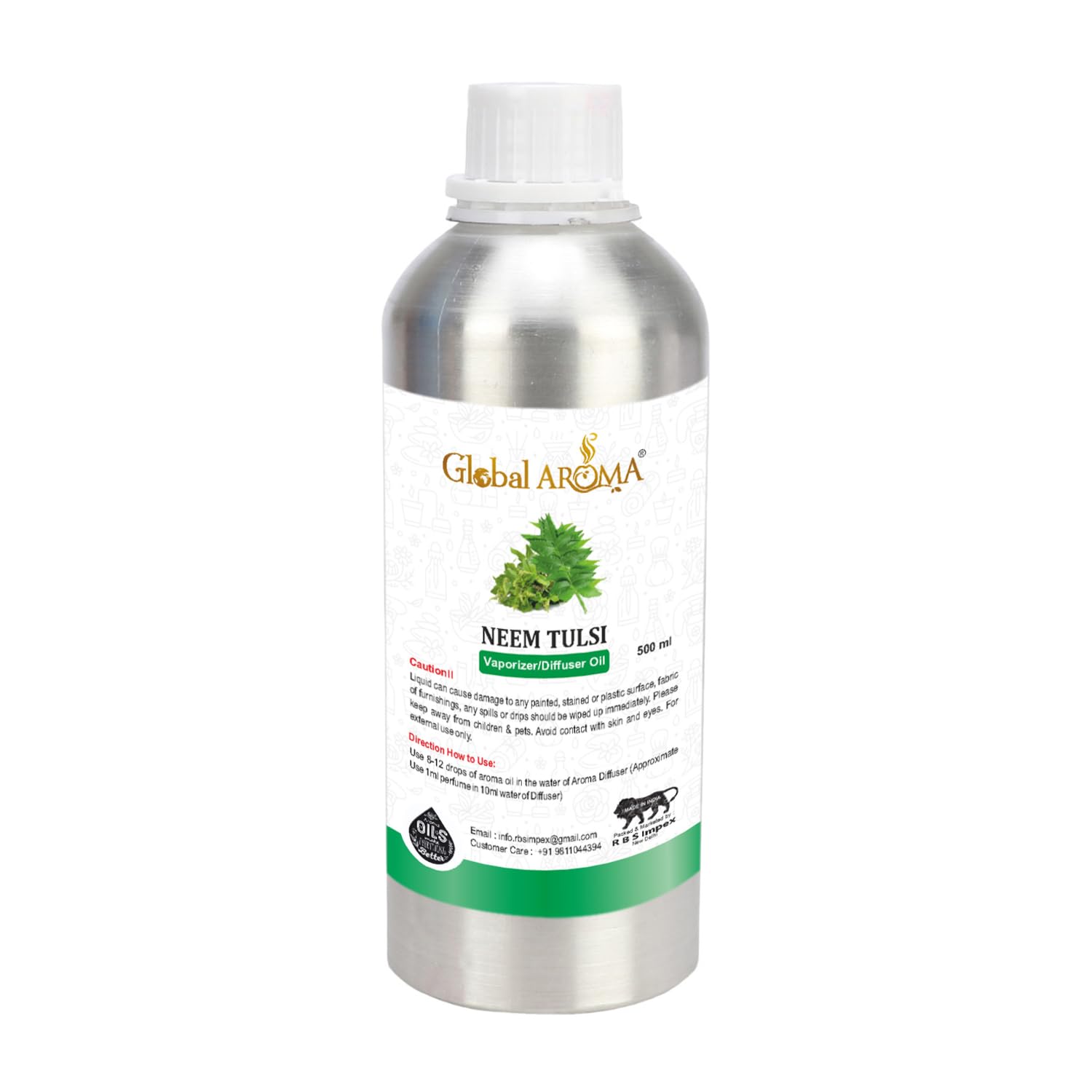 Global Aroma Neem Tulsi Diffuser Oil for Relax Calm Mood, Natural Homely Fragrance, Anxiety Free Sleep & Pure Aromatherapy (500 ML)