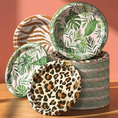 Havawish 100 Pcs Jungle Safari Wild Animal Party Supplies Plates Disposable Jungle Zoo Animal Print 9 Paper Plates and Napkins for Wild Baby Shower Zoo Tropical Baby Shower Birthday Party Supplies