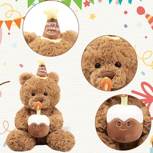 SKIKHN Teddy Plüschtier, 30cm Stofftier Teddy, Teddybär mit Kuchen und Hat, Niedliche Kuscheltier Plüschbär, für Babyparty Deko, Geschenke für Geburtstag, Weihnachten, Valentinstag