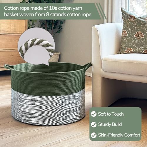 Image of INDRSSME Large Laundry Storage Basket, 21.7 x13. 8 - Decorative Rope Blanket Basket for Organizing Bedroom, Living Room, Nursery, Toy Storage for Colthes Towel, Empty Gift Baskets -Green