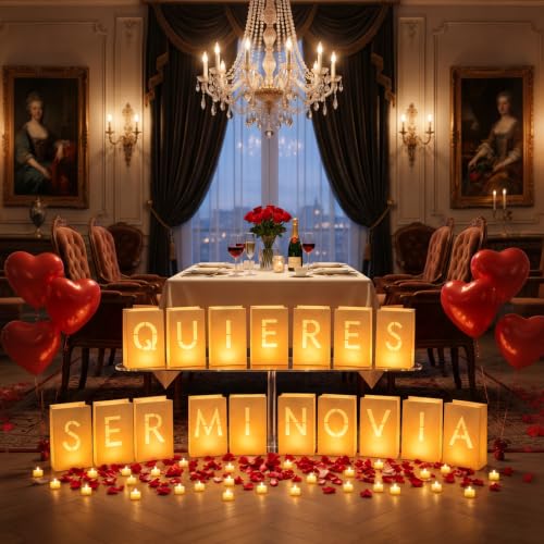 Image of Romantic Room Decor - Quieres Ser Mi Novia Light Up Letters Luminaries Bags | Anniversary and Valentines Day Decorations | Proposal Decorations | 2000Pc Rose Petals and 30Pc Tea Candles Set | Easy Setup