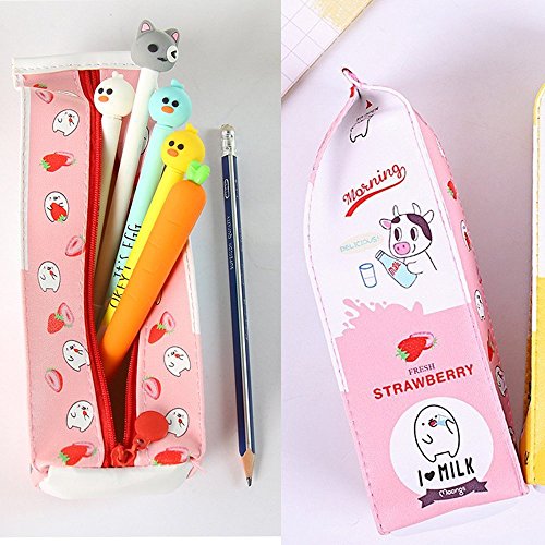 Cute Milk Shape Pencil Case?Creative Cartoon Pen Bag For Kids, Waterproof Pu Leather Pocket Stationery Portable Cosmetic Makeup Storage Zipper Bag (Pink) #TOP1