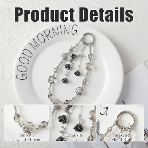 LuneClat Rose Acrylic Phone Strap Crystal Beaded Wrist Charm Women Decor - 2
