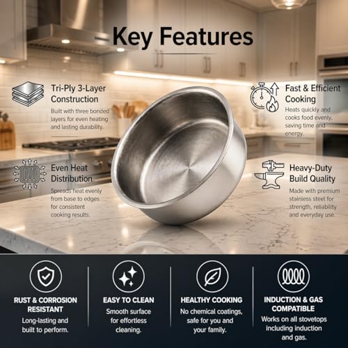 Image of JAGGERY Triply Stainless Steel Shallow Tope 2.5 Litre (22 cm) | Induction & Gas Compatible Patila | Fry Pan | Heavy Duty Stainless Steel Cookware