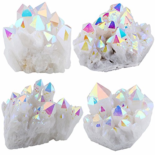 Mookaitedecor Titanium Coated Natural Rock Crystal Cluster Geode Stone Specimen, Angel Aura Quartz, 0.44Lb-0.66Lb #TOP3