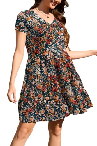 Image of nclook Womens Summer Casual Dress Sweet Cute V Neck Mini Dress with Pocket Short Sleeve
