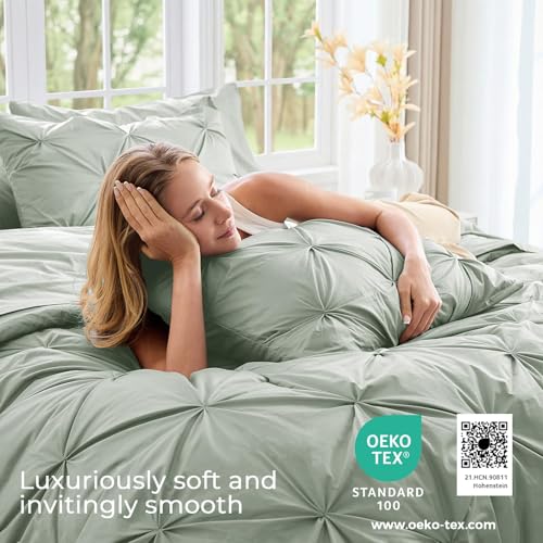 Image of Sasttie King Size Comforter Set, 7-Piece Bed in a Bag, Pintuck Bedding Sets for All Season, Includes Comforter, Flat Sheet, Fitted Sheet, Pillowcases and Pillowshams, Dusty Green