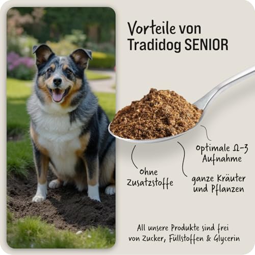 Tradidog Senior Futtertopping - Alternative zu Gelenktabletten, Gelenkpulver, Teufelskralle und Grünlippmuschel Hund - Omega 3 für Gelenk- und Knochenschutz, gegen Arthrose 2x350g, 30-60 Tage Vorrat