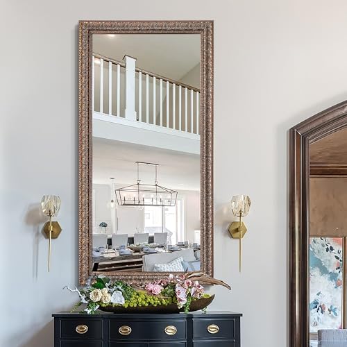 Chende 60" L x 31" W Large Full Length Mirror for Bedroom, Antique Bronze Decorative Mirror with Ornate Solid Wood Frame, Rectangular, Long Narrow Leaves Design, Unique