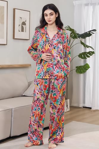 Image of YiNi LuLu Womens Silk Satin Pajamas Set Button Down 2 Piece Pjs Long Sleeve Oversized Sleepwear with Pockets