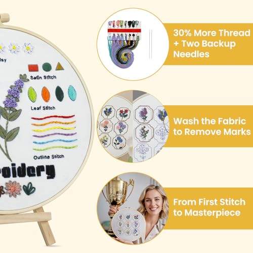 Image of HTVRONT Embroidery Kit for Beginners, 3 Pack to Learn 14 Stitches and 9 Flower Practice Samplers with Step-by-Step Video Tutorials, Beginner Embroidery Kit for Adult, Gift for Craft Lovers