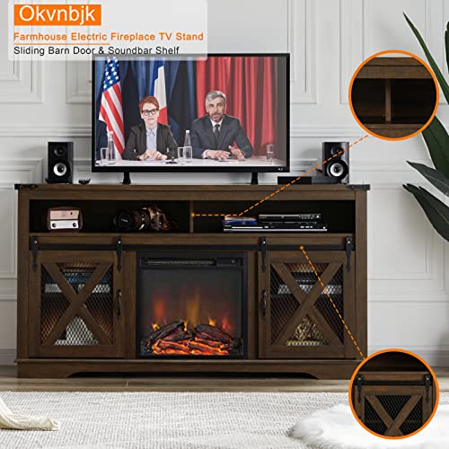 Okvnbjk Fireplace Tv Stand For Tvs Up To 70", Entertainment Center With 18" Electric Fireplace, Farmhouse Tv Stand Industrial Media Console With Sliding Barn Door For Living Room, 58 Inch, Dark Walnut #TOP1