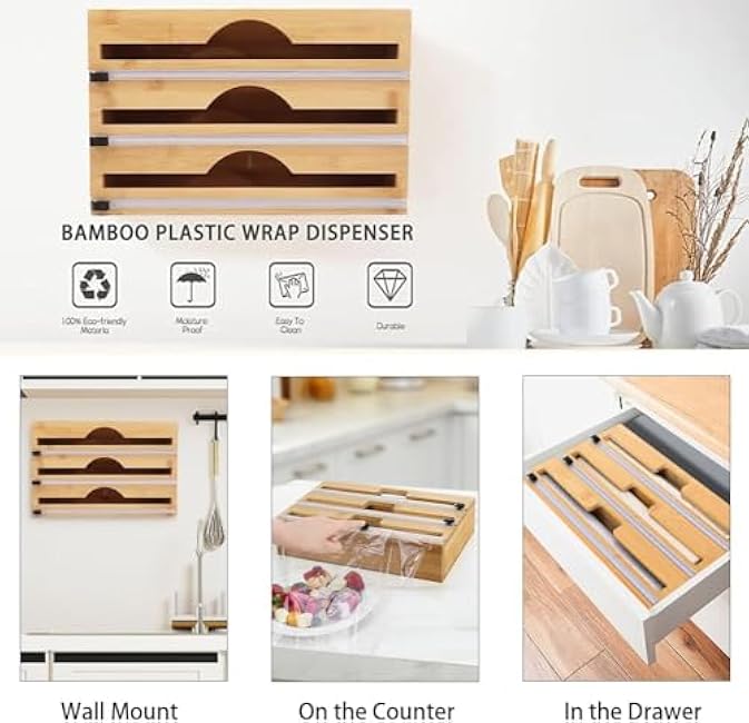3 in 1 Plastic Wrap Dispenser with Cutter and Labels, Foil and Plastic Wrap Organizer, Aluminum Foil Organization and Storage, Foil Organizer for Drawer, Bamboo Aluminum foil Holder for 12.5Roll Wrap