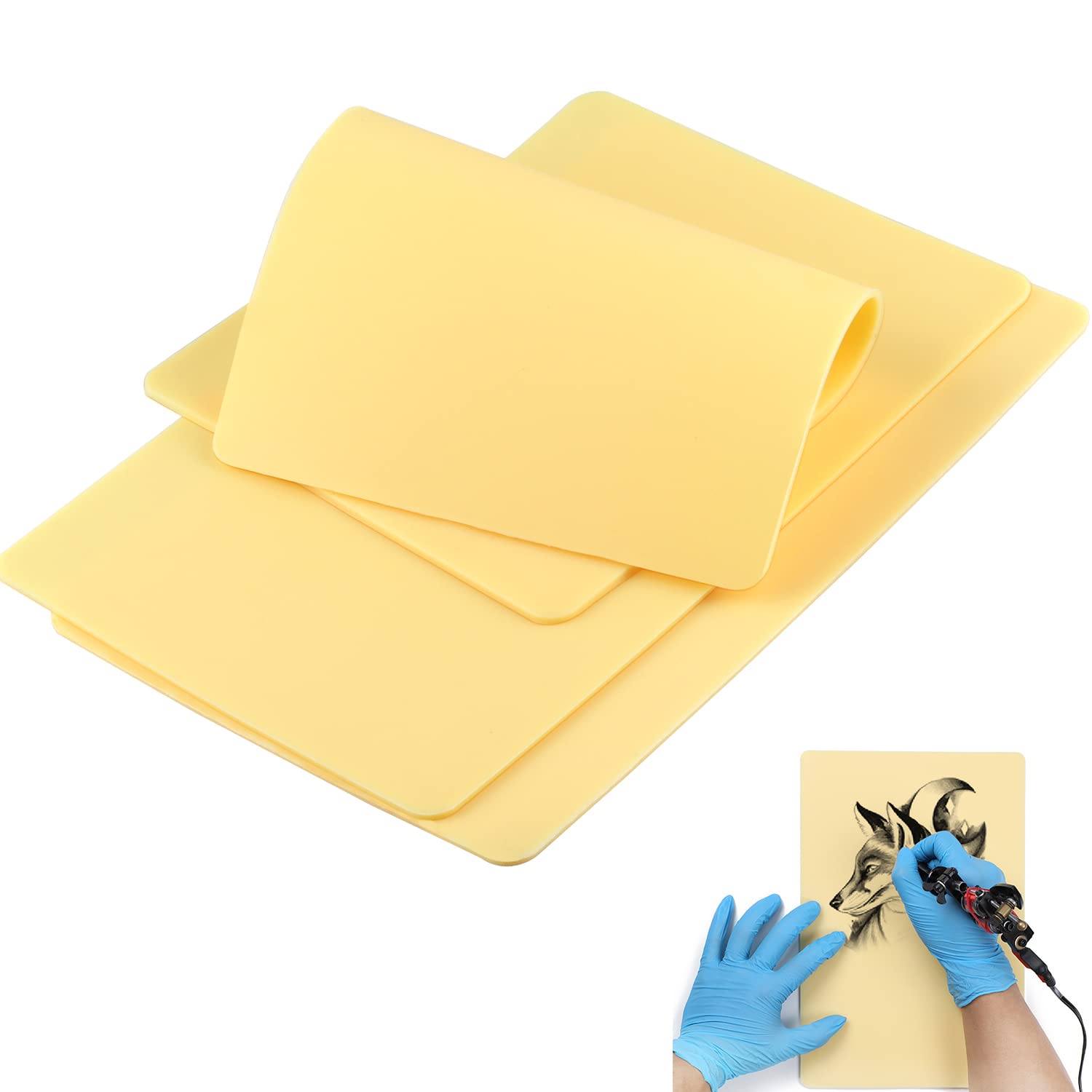 3 Pcs Sintetica Tatuaje, Práctica Tatuaje Tattoo Piel Hoja de Práctica de Tatuaje en Vacío Hoja de Doble cara Silicona de Mprincipiantes y Artistas del Tatuaje con Experiencia(19.5cm*30cm*0.3cm)