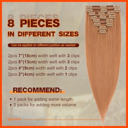 Image of Benehair Clip on Hair Extensions Real Human Hair Auburn Hair Extensions Clip in Human Hair Long Straight Remy Natural Full Head 8pcs Real Hair for Women 18inch #30 Light Auburn