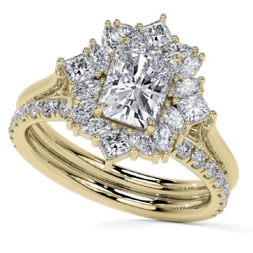 10K/14K/18K Solid Yellow Gold Radiant Cut Moissanite Wedding Ring Set 3 CT Prong Seting Bridal Engagement Ring for Women Solitaire Halo Style, Vintage Antique Anniversary Propose Gifts