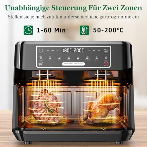 Heißluftfritteuse 2 Kammern 9L | Dual Zone Airfryer m 2x4,5L Schubladen, 2600W Heissluftfritteuse 8-in-1 Touchscreen Smart Finish Funktion, Air Fryer Doppelkammer Unabhängige Steuerung Temperatur Zeit 4