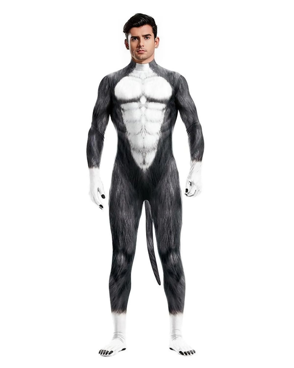 Jackolume Men's Halloween Animal Bodysuit with Tail Furry 3D Print Costume Full Body Muscle Zentai Jumpsuit Adult Petsuit Unitard Cosplay Dress Up Party