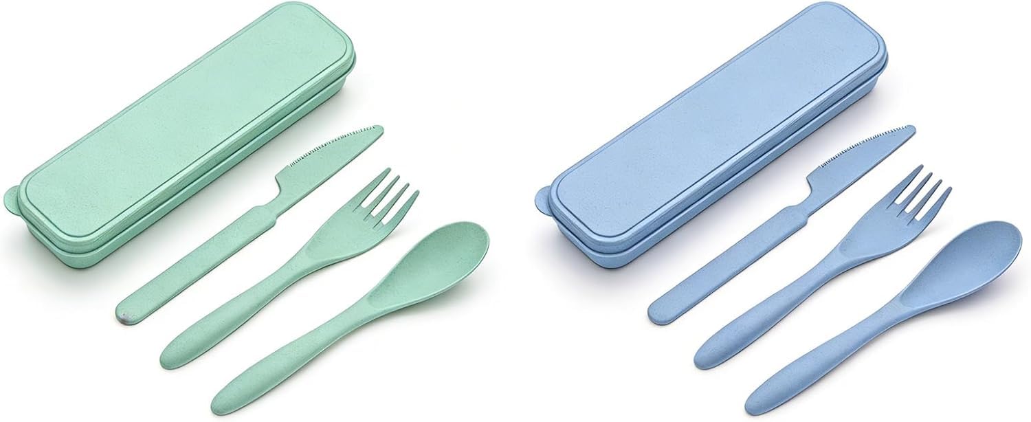 2 Sets Reusable Portable Cutlery Set with Case - Travel Fork Knife Spoon, Compact & Lightweight; Reusable Plastic Cutlery, for Work School Picnic Camping or Daily Use (Blue and Green)