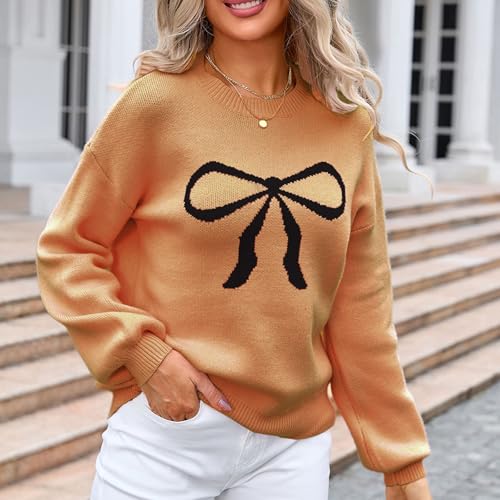 Womens Sweaters Classic Round Neck Long Sleeve Knitted Pullover Trendy Knit Bows Graphics Loose Sweater 2025 New Jumper 6
