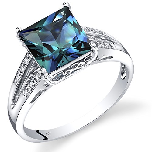 PEORA Created Alexandrite and Genuine Diamond Ring for Women 14K White Gold, Cathedral Design, Color Changing 3 Carats Princess Cut 8mm, Size 7