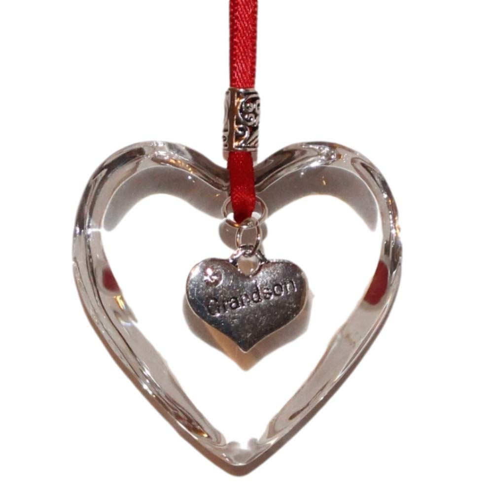 The Heart Shack Bright Red Ribbon Glass Hanging Heart Christmas Tree Decoration With Grandson Charm