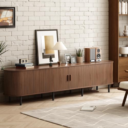 Image of ONBRILL 94.5 inch TV Stand with Power Outlet for TVs up to 102 Inch, Entertainment Center with Storage and Adjustable Shelves, Modern Media Console with Sliding Doors for Living Room, Walnut