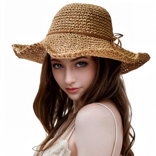 Womens Straw Beach Sun Hats, Foldable Packable Floppy Handmade Crochet