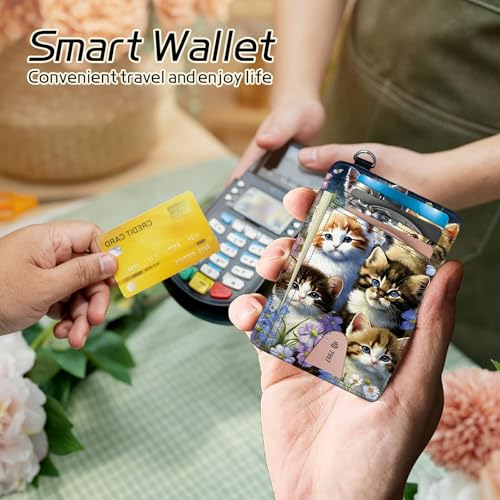 Image of Small Travel Wallets, Cats Family Slim Minimalist Front Pocket Wallet with Wristlet, RFID Blocking PU Leather Credit Card Holder with ID Window Change Purse for Men Women