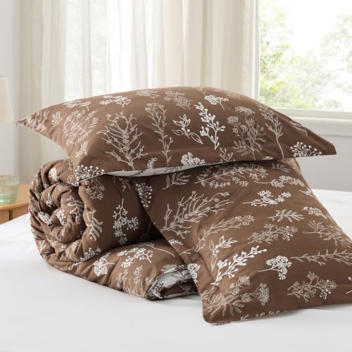 Image of Bedsure Queen Comforter Set - Dark Brown Bed Set, 3 Pieces Cute Floral Bedding, 1 Soft Reversible Botanical Flowers Comforter and 2 Pillow Shams