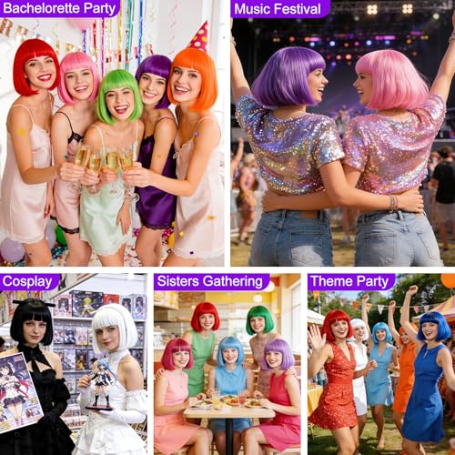 Image of MEEZY 2 Pcs Colorful Bob Wigs with Bangs Pink Purple for Women, Neon Funny Wig Short Bob Hair with Heart Sunglasses Hair Cap for Halloween Costume Cosplay Birthday Bachelorette Party Carnival
