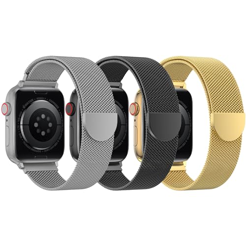 BELONGME 3 Pack Mesh Loop Compatible with Apple Watch Band 38mm 40mm 41mm 42mm 44mm 45mm 49mm Series Ultra SE 9 8 7 6 5 4 3 2 1 Women Men, Stainless Steel Metal Strap Magnetic Clasp for iWatch Bands
