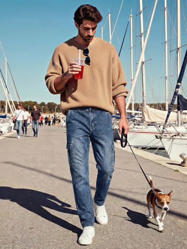 Image of JMIERR Men's Elastic Waist Cargo Jeans Stretch Denim Pants with Drawstring Straight Leg for Casual Daily Wear